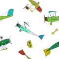 Seamless pattern with vintage aviation and suitcases in cartoon style on white background