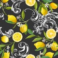 Seamless Pattern with vintage barocco design with yellow Lemon Fruits, Floral Background with Flowers, Leaves, Lemons Wallpaper Royalty Free Stock Photo