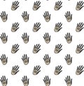 Seamless pattern of vintage black and gold stylized hands with all-seeing eyes in the centers of the palms on a white background.