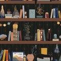 Seamless pattern with vintage books, and different retro things on dark shadow background. Old and mysterious interior