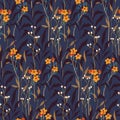 Seamless floral pattern, abstract botanical design with small flowers, leaves in an elegant vintage style. Vector. Royalty Free Stock Photo