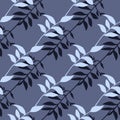 Seamless pattern with vintage branches silhouettes. Foliage ornament and backround in navy and blue colors