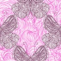 Seamless pattern with vintage butterfly with floral abstract ornament and wavy hair. Royalty Free Stock Photo