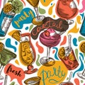 Seamless pattern with vintage cocktails and hand drawn lettering. Cocktail party.