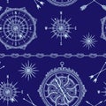 Seamless pattern with vintage compass, wind rose and rope knot. Nautical background.