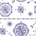Seamless Pattern With Vintage Compass, Wind Rose And Rope Knot. Nautical Background.