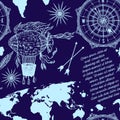 Seamless pattern with vintage compass, world map, airship and wind rose. Royalty Free Stock Photo