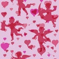 Seamless pattern vintage cupid dark romantic on black background, illegible script, text Royalty Free Stock Photo
