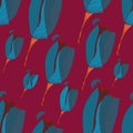 SEAMLESS PATTERN.VINTAGE DESIGN. TULIPS IN BLUE AND LIGHT BLUE, PLAIN BURGUNDY BAKCGROUND