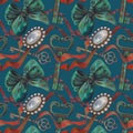 Seamless pattern of vintage elements: jewelry, vintage key, blue-green bow and red ribbon. Elements isolated, hand-drawn in gouach