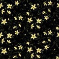 Seamless floral pattern with small flowers, branches on a black dark background. Vector. Royalty Free Stock Photo