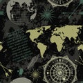 Seamless Pattern With Vintage Globe, Compass, World Map And Wind Rose.
