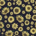 Seamless Pattern With Vintage Hand Drawn Watercolor Style Sunflowers On Navy Ground Design