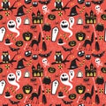 Seamless pattern Of Vintage Happy Halloween flat icons. Hallowe