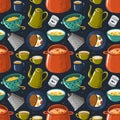 Seamless pattern with vintage kitchenware and food. dark background