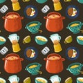 Seamless pattern with vintage kitchenware and food. dark background