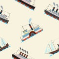 Seamless pattern with vintage ocean ships in cartoon style on beige background