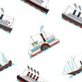 Seamless Pattern With Vintage Ocean Ships In Cartoon Style On White Background
