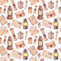 Seamless pattern with vintage papers, envelopes and retro lanterns.