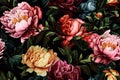 Seamless pattern with vintage peonies on a black background. Generative AI. Can be used for textiles, yoga mats, phone cases