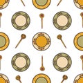 Seamless pattern. Vintage plates and wooden spoons. Vector Royalty Free Stock Photo