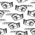 Seamless pattern vintage pointing finger showing direction. black and white template for tattoo, poster, print or t Royalty Free Stock Photo