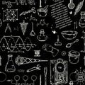 Seamless pattern with vintage science objects. Scientific equipment for physics and chemistry. Royalty Free Stock Photo