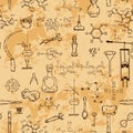 Seamless pattern with vintage science objects. Scientific equipment for physics and chemistry. Royalty Free Stock Photo