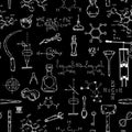 Seamless pattern with vintage science objects. Scientific equipment for physics and chemistry. Royalty Free Stock Photo