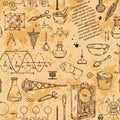 Seamless pattern with vintage science objects. Scientific equipment for physics and chemistry.