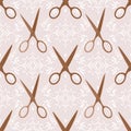 Seamless Pattern of Vintage Scissors on a Damask Background Royalty Free Stock Photo