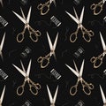 Seamless Pattern of Vintage Scissors and Thread Spools on Black Background Royalty Free Stock Photo