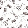 Seamless Pattern of Vintage Scissors and Thread Spools Royalty Free Stock Photo