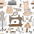 Set of vintage sewing mashine and sewing goods . Vector background