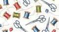 Seamless Pattern with Vintage Sewing Tools and Colorful Thread Spools Royalty Free Stock Photo