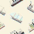Seamless Pattern With Vintage Ships In Cartoon Style On Beige Background
