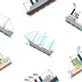 Seamless Pattern With Vintage Ships In Cartoon Style On White Background