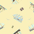 Seamless Pattern With Vintage Ships, Seagulls And Bags In Cartoon Style On Beige Background