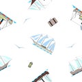 Seamless Pattern With Vintage Ships, Seagulls And Bags In Cartoon Style On White Background