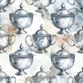 Seamless Pattern of Vintage Silver Sugar Bowls and Creamers Royalty Free Stock Photo