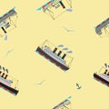 Seamless Pattern With Vintage Steam Ships And Seagulls In Cartoon Style On Beige Background