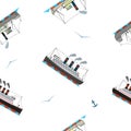 Seamless Pattern With Vintage Steam Ships And Seagulls In Cartoon Style On White Background