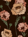 Seamless pattern in vintage style. Poppy flowers, buds, poppy heads, leaves form a continuous composition. Vector