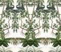 Seamless pattern with vintage trees and palms, plants. Vector.