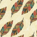 Seamless pattern with vintage tribal ethnic hand drawn colorful feathers Royalty Free Stock Photo