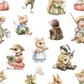 Watercolor seamless pattern with vintage variety of cute animals in vintage clothes Royalty Free Stock Photo