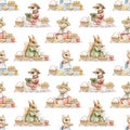 Watercolor seamless pattern with vintage variety of cute girls animals in vintage dresses and picnic food