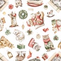 Watercolor seamless pattern with Christmas cats kittens in costumes clothes and objects Royalty Free Stock Photo