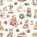 Watercolor seamless pattern with Christmas cats kittens in costumes clothes and objects Royalty Free Stock Photo