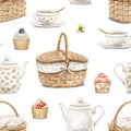 Watercolor seamless pattern with vintage set of white dishes, wicker baskets and cupcakes